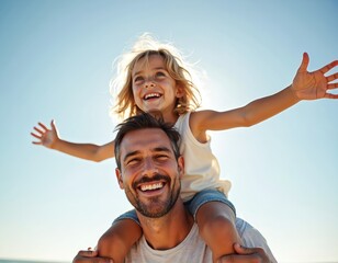 Father carries smiling girl on shoulders outdoors on sunny day. Child has arms outstretched enjoying happy family bonding time. Man and daughter share moment of pure joy and freedom.