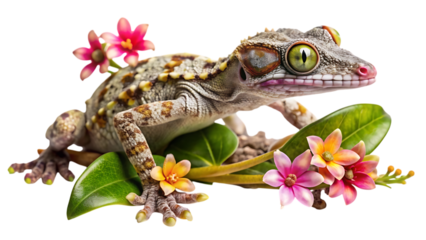 A detailed closeup of a tokay gecko with vibrant pink and orange flowers and green leaves, isolated on a transparent background, showcasing its unique textured skin and large, expressive eyes