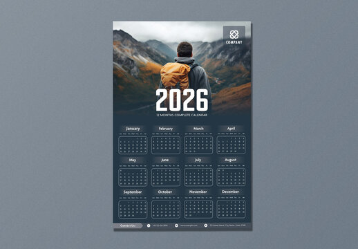 Editable 2026 Yearly Wall Calendar Template with Backpacker Man in Mountain Landscape.