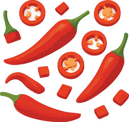 Red chili peppers whole sliced and diced on white red pepper