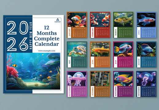 Editable 2026 Calendar Template Set with Underwater Animals Photo in Various Color Design, 12 Months Layout.