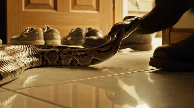 A curious python moving across a tiled floor near shoes