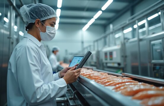 Female worker in hygienic white uniform, hairnet, mask checks raw fish fillets. Uses digital tablet to inspect salmon on long production line. Employee monitors quality control, food safety, tech