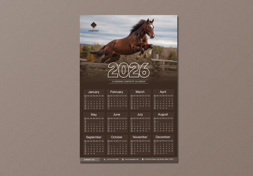 Editable 2026 Yearly Wall Calendar Template with Horse Jumping Fence in Brown Theme Design.