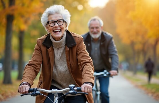 Happy senior couple rides bicycles in park during autumn. Woman laughs joyfully while man smiles, enjoying outdoor activity together. Active retired lifestyle promotes wellness and togetherness.