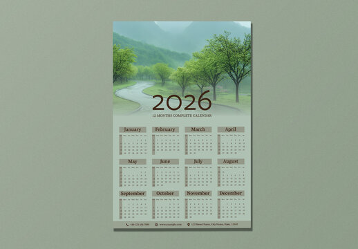 Editable 2026 Yearly Wall Calendar Template with Greenery Trees Pathway Scene.