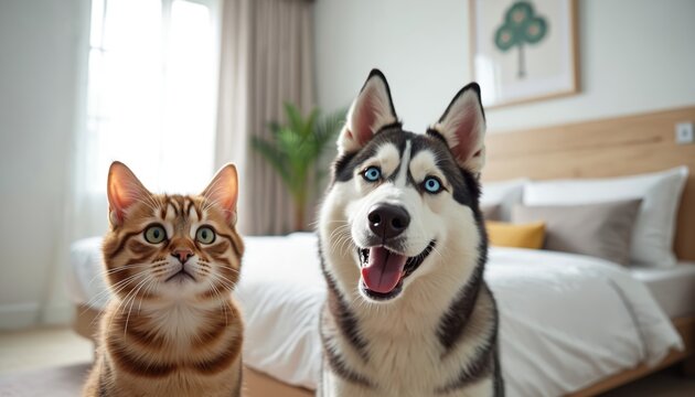 Ginger tabby kitten and blue eyed husky dog sit together in bright modern hotel room. Adorable pets relax on comfortable bed near window. Friendly companions enjoy indoor leisure time.