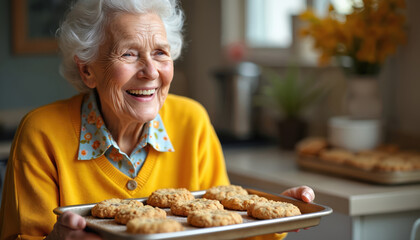 Smiling elderly woman holds tray with freshly baked cookies. Senior lady enjoys hobby in cozy home kitchen. Baking sweet pastries for family and friends.