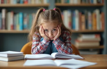 Sad young schoolgirl sits with homework at table, hugging knees, looking at camera with distress. Bookshelves filled with books form blurred background. Emotional child expresses frustration during