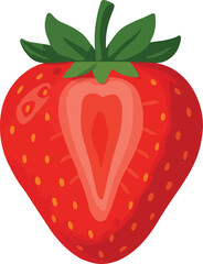 Red strawberry cut in half showing seeds and green leaves