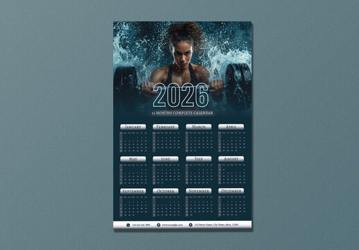 Editable 2026 Yearly Wall Calendar Template in Dark Blue Theme and Woman Lifting Barbell Image.