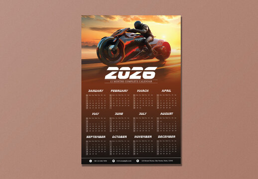 Editable 2026 Yearly Wall Calendar Template with Sports Bike Rider in Action Photo.