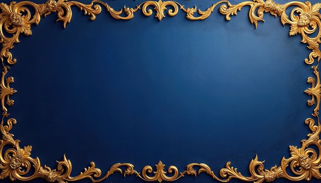 Ornate gold border on deep blue textured wall. Decorative swirls and floral elements form a luxurious frame. Elegant classical design for invitations, banners or premium product promotion.