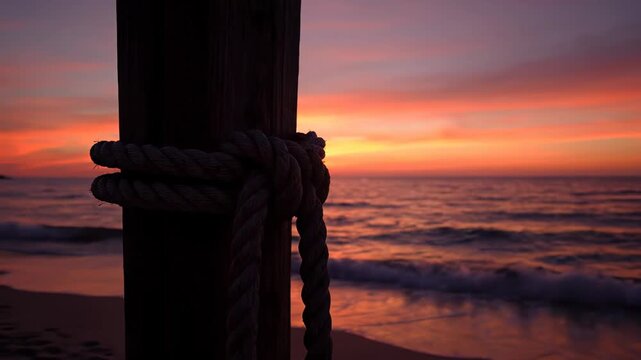 The wooden piling stands tall with a rope attached, outlined by a vibrant sunset. Soft waves peacefully reach the sandy shore of the beach