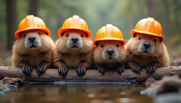 Illustration presents four beavers wearing orange construction helmets. Animals are posing on wooden log near water. The friendly team of rodents are in the forest. Work and safety theme.