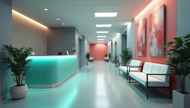 Modern empty hospital corridor with reception desk, waiting area, plants. Clean, bright interior with artwork, soft lighting creates calming atmosphere for patients. Hallway leads to medical rooms. - Powered by Adobe