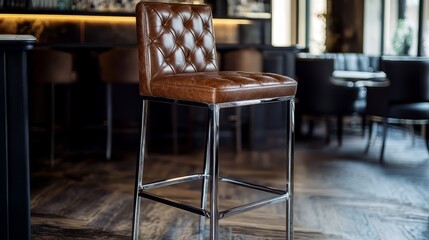 Brown leather bar stool with chrome legs in a stylish setting