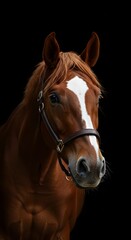 Obraz premium Chestnut Horse Portrait with Bridle Against Black Background