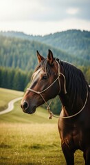 Fototapeta premium Majestic brown horse standing in a lush green landscape with rolling hills under a soft evening light