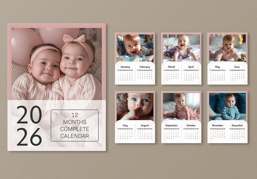 Set of 2026 Yearly Calendar Templates with Cute Baby Photos in Editable Design.