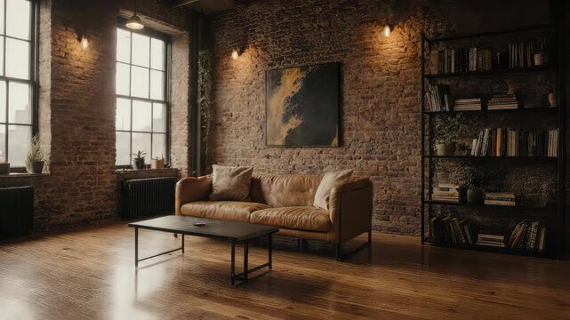 Rustic loft with exposed brick and abstract art