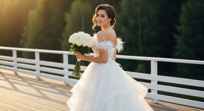 Beautiful bride in elegant gown holding white roses on a wooden deck at sunset in a serene outdoor setting - Powered by Adobe