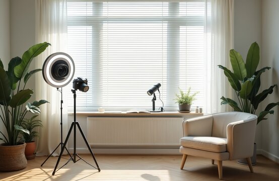 Home studio setup with ring light, camera, and microphone for content creation. A modern chair sits near plants and a window for comfortable filming. Ideal for vlogging or podcasting sessions.