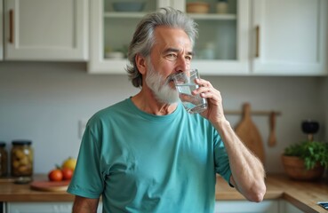 Mature man drinks clean water from glass in kitchen. He has healthy lifestyle, possibly after morning exercise or meal. Senior adult stays hydrated for wellness.