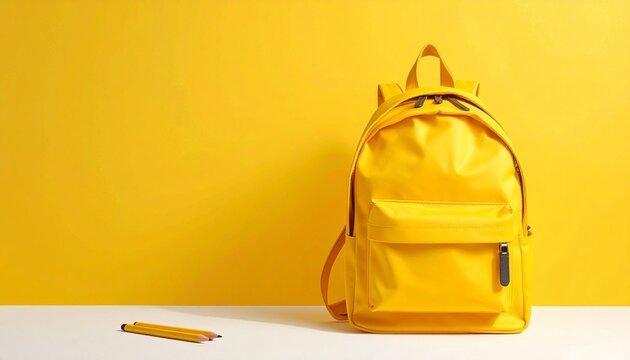 Bright Yellow Backpack and Pencil on Solid Yellow Background in Minimalist Monochromatic School Setup