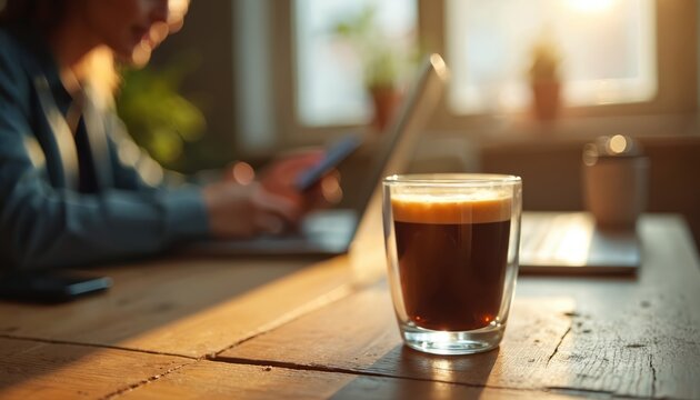 Glass of fresh coffee on rustic wood table. Person works on laptop in soft sunlit room. Blurred background shows busy work life. Morning beverage.