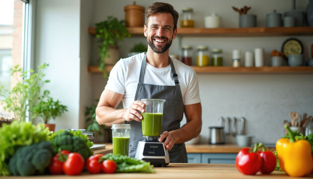 Smiling man in apron makes fresh green detox smoothie drink in home kitchen. Prepares healthy vitamin beverage with organic vegetables in modern blender. Guy enjoys healthy lifestyle, nutrition,