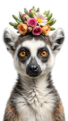 Obraz premium Close-up portrait of a ring-tailed lemur adorned with a vibrant floral wreath
