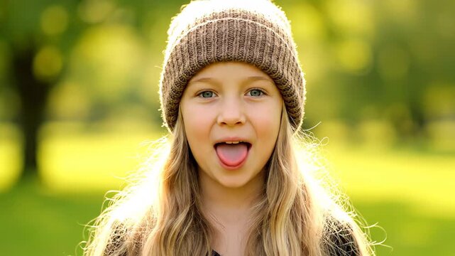 Sweet young girl with beautiful long blonde hair goofing around and pulling silly faces. Playful child playfully sticking out her tongue while posing for the camera outside