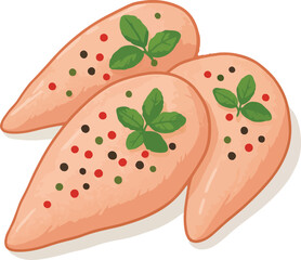 Three raw chicken breasts seasoned with peppercorns and basil