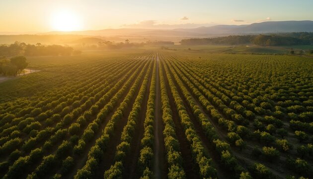Aerial view of symmetrical macadamia nut orchards at sunrise. Sun glows over vast green rows stretching to horizon. Agricultural landscape shows healthy crop growth.