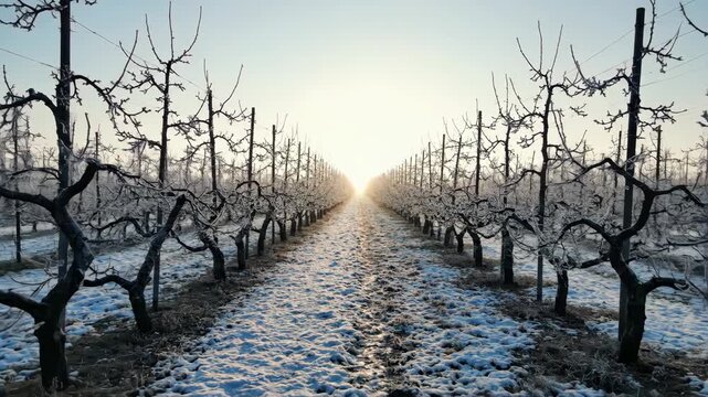 Orchard with rows of bare trees covered in frostsnow leading toward a bright sky Snow covers the ground