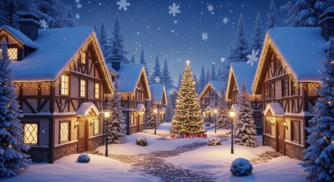 Cozy winter village with Christmas tree and snowfall at nighttime - Powered by Adobe