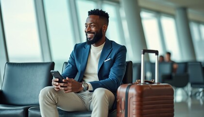 Afro american man looks at phone at airport lounge. Passenger waits for flight using smartphone. Traveler smiles near luggage in waiting area of the terminal during travel.