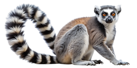 A ringtailed lemur with its distinctive black and white striped tail curled around its body, isolated on a transparent background