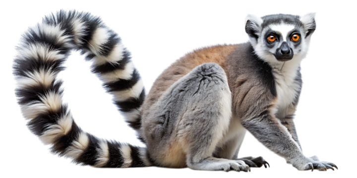 A ringtailed lemur with its distinctive black and white striped tail curled around its body, isolated on a transparent background