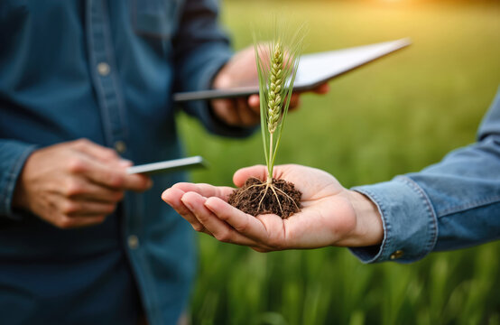 Agronomist holds young wheat plant with roots, soil in hand. Farmer examines crop growth data on digital tablet computer. Scientists analyze agricultural plants in green field. Modern farming tech