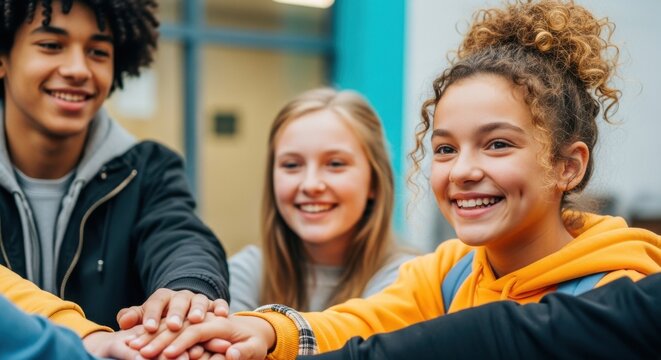 Friends celebrating teamwork and unity in a bright, colorful classroom setting