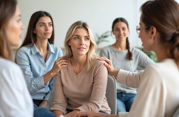 Women in support group offer comfort, empathy to friend. Hands gently touch shoulder as shares feelings. Community provides mental health care, connection. People gather for counseling session to