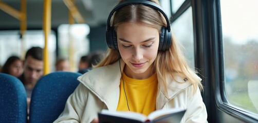 Young woman listens to music with headphones, reading book on bus. She travels by public transport, focusing on her studies or hobby. Girl enjoys quiet time during daily commute to college or work.