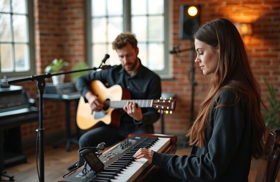 Man plays guitar woman plays keys. Musicians create sound at studio. Couple creates music together. Artists compose song in room. Girl types chords on keyboard with guy on acoustic guitar.