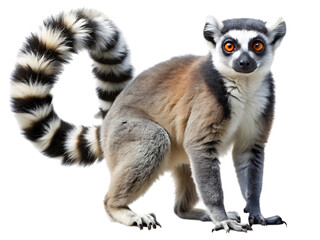 Obraz premium A ringtailed lemur, a primate native to madagascar, with its distinctive black and white striped tail curled around its body, isolated on transparent background