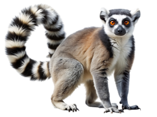 A ringtailed lemur, a primate native to madagascar, with its distinctive black and white striped tail curled around its body, isolated on transparent background