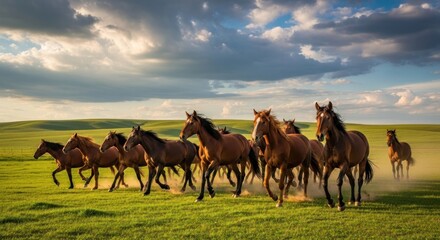 Fototapeta premium A herd of wild horses gallops across a grassy field under a cloudy sky.