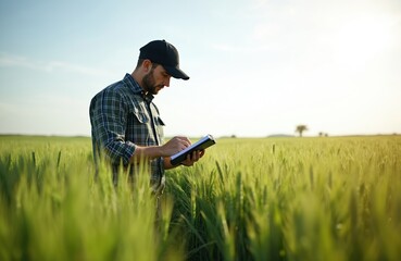 Fototapeta premium Man agronomist writes notes in notebook, stands in green wheat field. Male specialist checks crop growth and plans farm work. Rural countryside, agricultural business, organic farming.