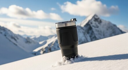 Mountain landscape with a black travel mug resting in the snow under a clear blue sky